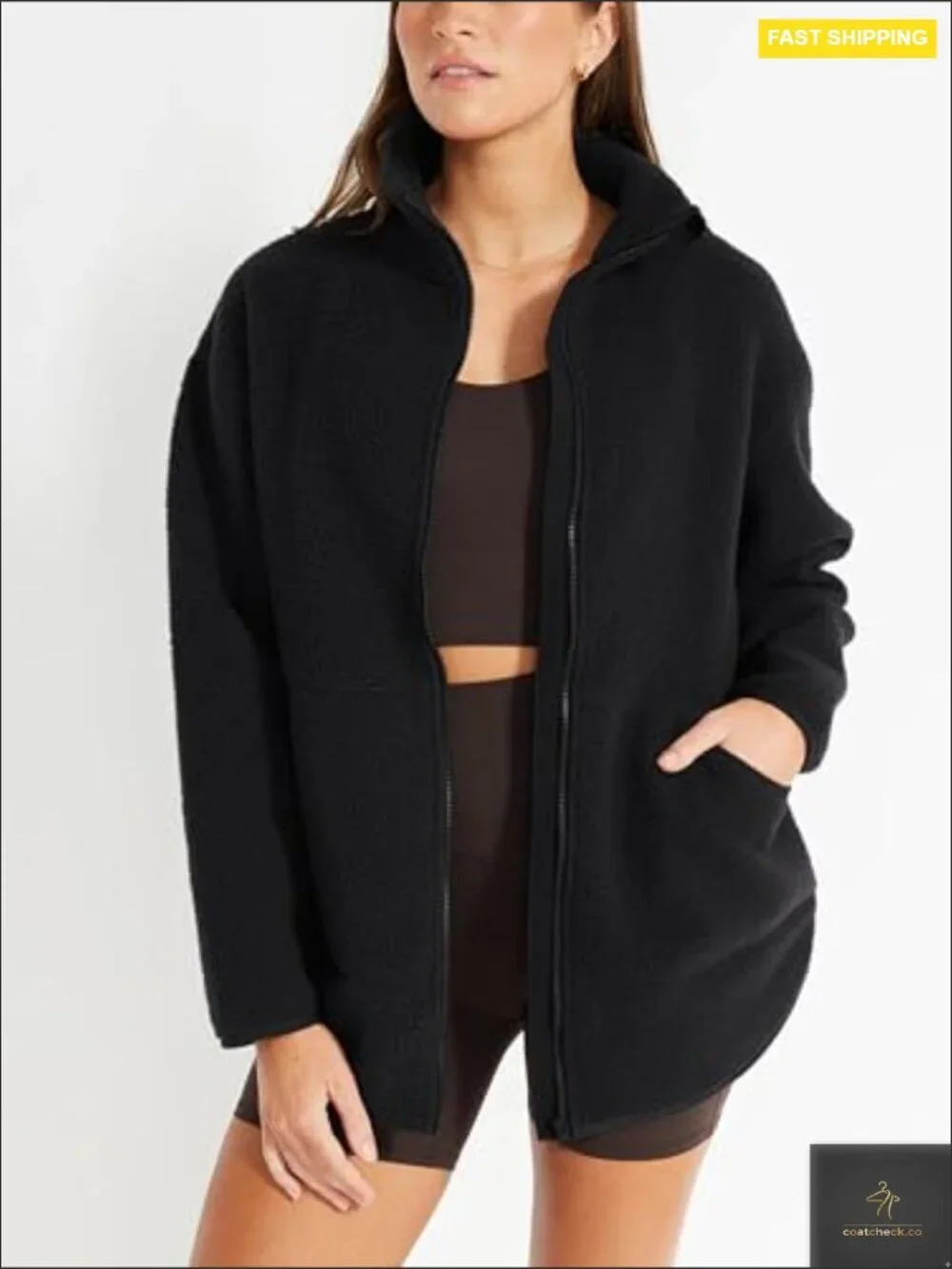 Oversized Sherpa Fleece Jacket Full Zip Stand Collar Y2K Winter Casual